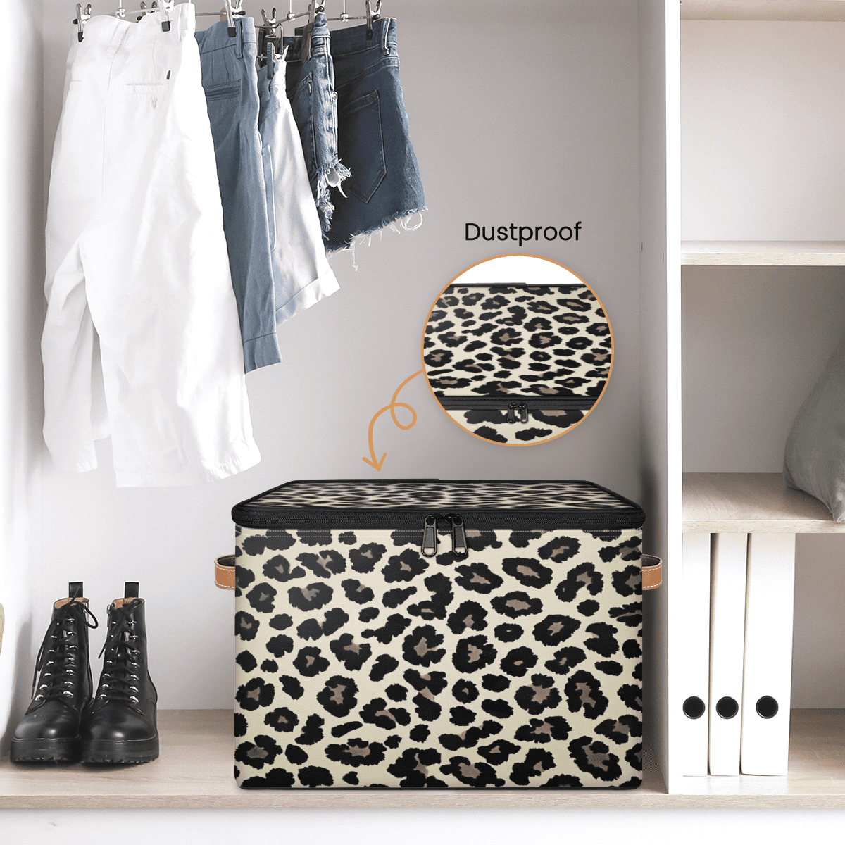ADECORIVY Black Cream Leopard Print Storage Bin with Zipper Lid, Fabric Foldable Shelf Baskets Boxes, Closet Lidded Storage Bins, Decorative Clothes Organizer for Bedroom Home