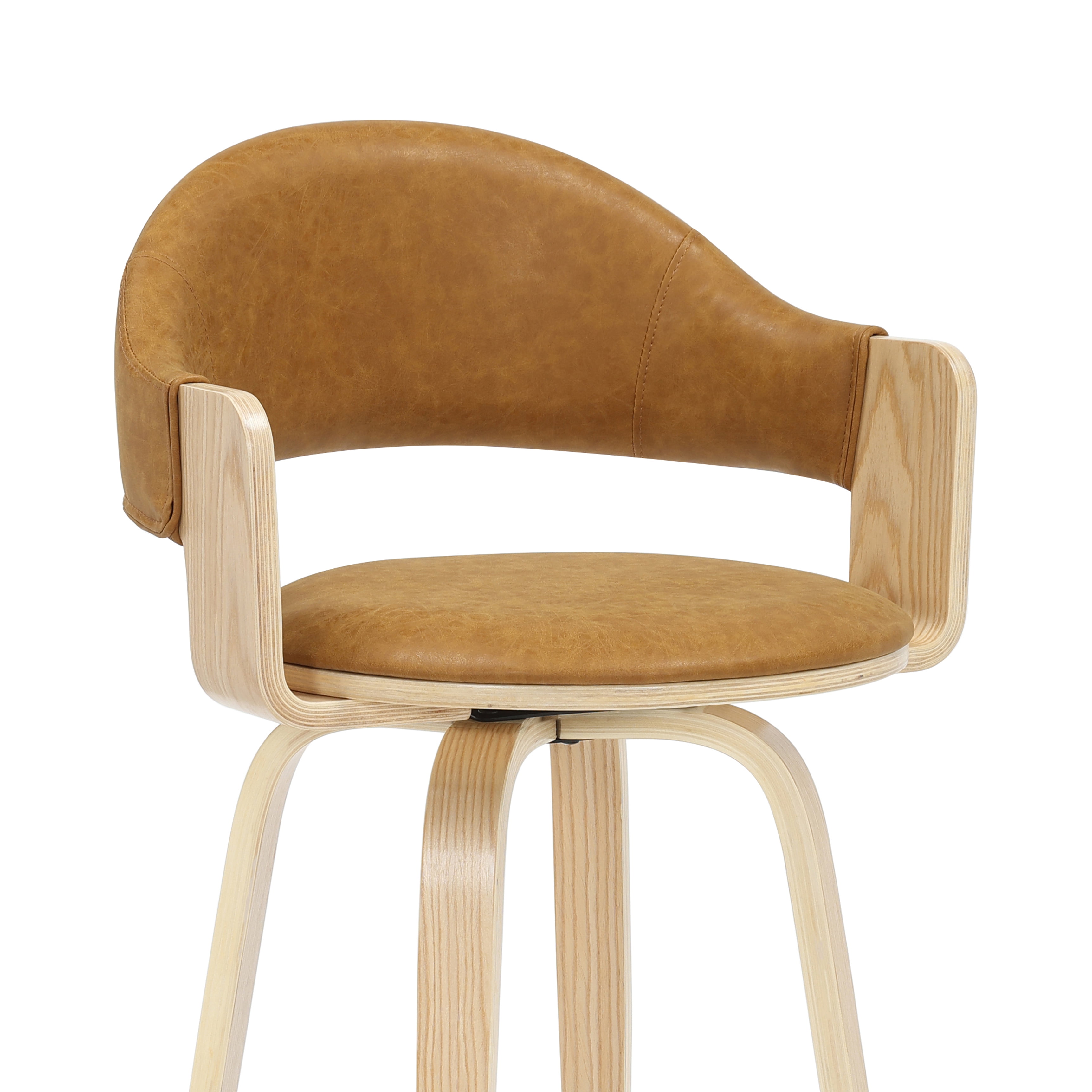 Daxton 36 in. H Swivel Counter Height Camel Round Back Wood Bar Stool with Faux Leather Seat