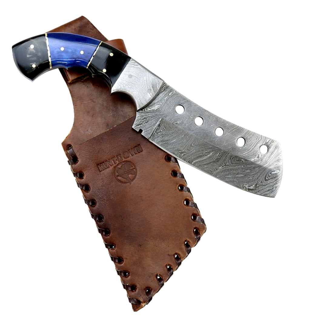 Hunt-Down 9.5' Damascus Blade Black & Blue Horn Handle Hunting Knife with Sheath