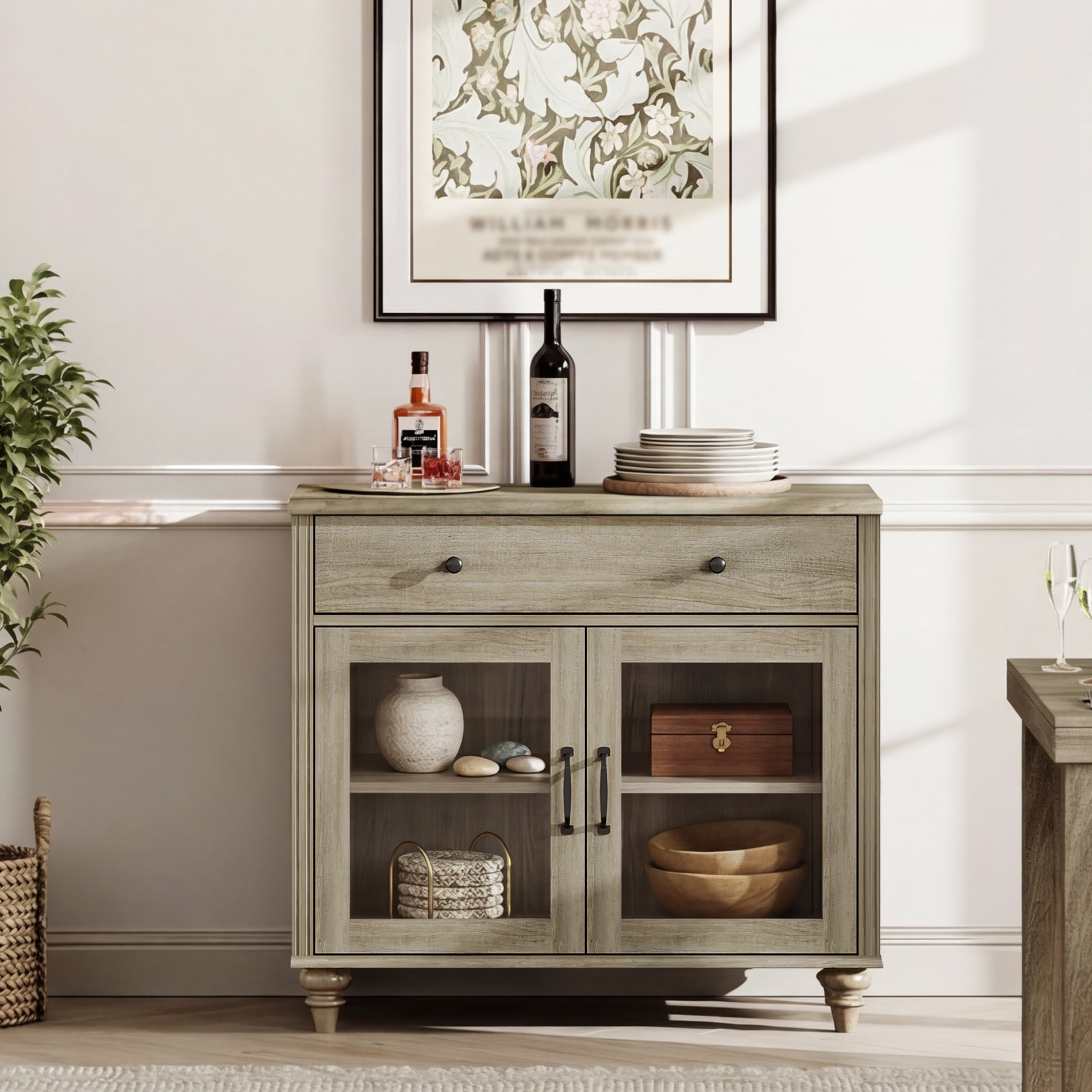 34" Wash Gray Glass Door Buffet Cabinet with Drawer, Farmhouse Sideboard with Storage