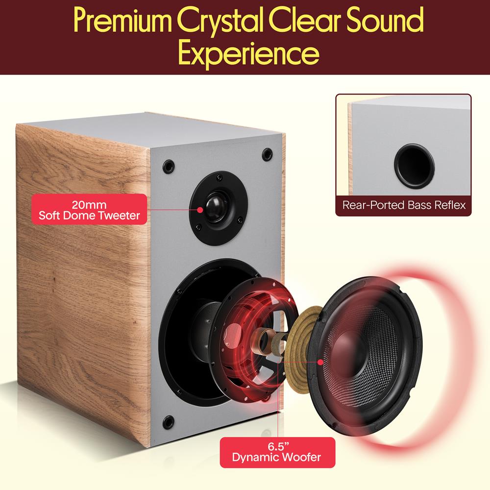 Pyle 6.5'' Wired Bookshelf Speakers – 2-Way Hi-Fi Home Theater Speaker Pair with Paper Cone Woofer, Soft Dome Tweeter & Wall Mount Brackets, Compact Design, 11.5'' x 7.5'' x 9.5'' (Brown)