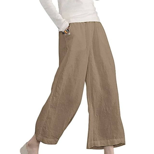 ICHUANYI Clearance Women's Multiple Solid Color Cotton Linen Loose Casual Wide Leg Capris(Khaki, M) ICHUANYI WER2023080909081