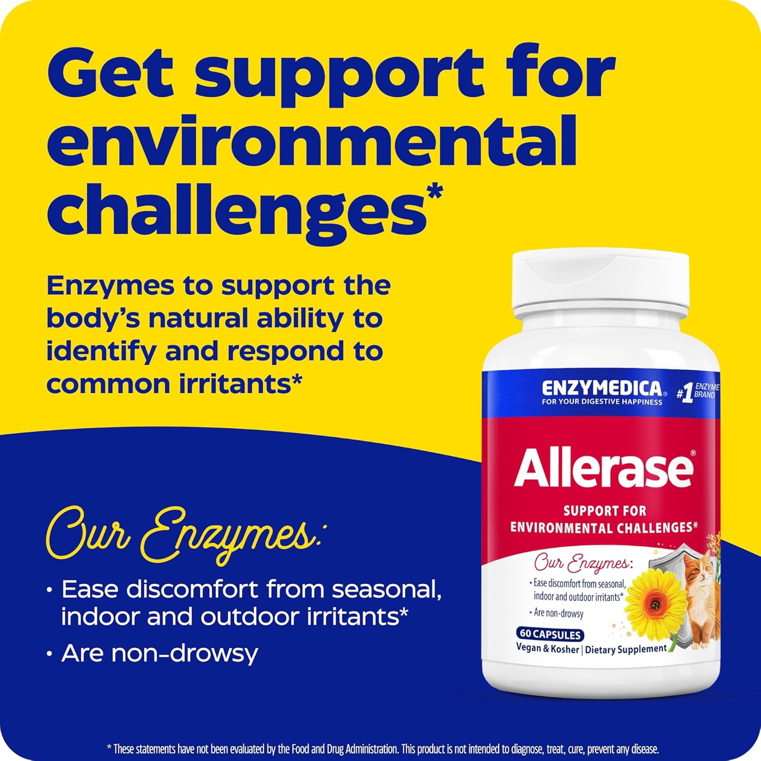 Enzymedica, Allerase, Non-Drowsy Enzyme Supplement to Help Relieve Seasonal Mucus Buildup, Vegan, Kosher, 60 capsules (60 servings)