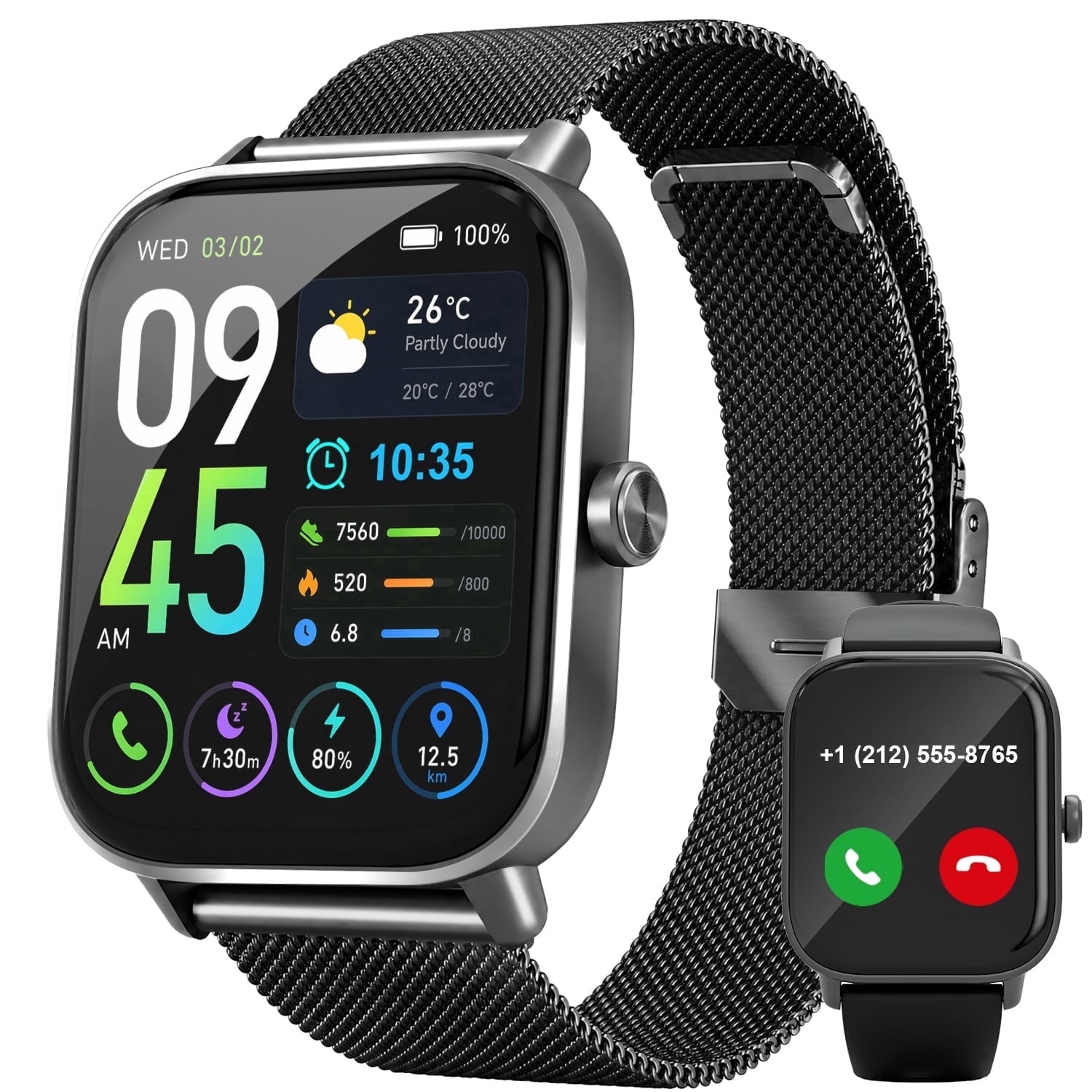 SANPTENT Smart Watch for Women Men, 1.83" HD Screen, Make/Answer Call, Sleep Monitor, 100+Sports Modes, Waterproof Fitness Watch Compatible for Android & iPhone, Black, 2 Bands
