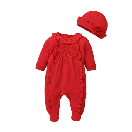 

Lieserram Newborn Baby Girl Clothes 2 4 6 8 Months Romper Jumpsuit Long Sleeve Ruffled Footie Bodysuit Hat Outfit