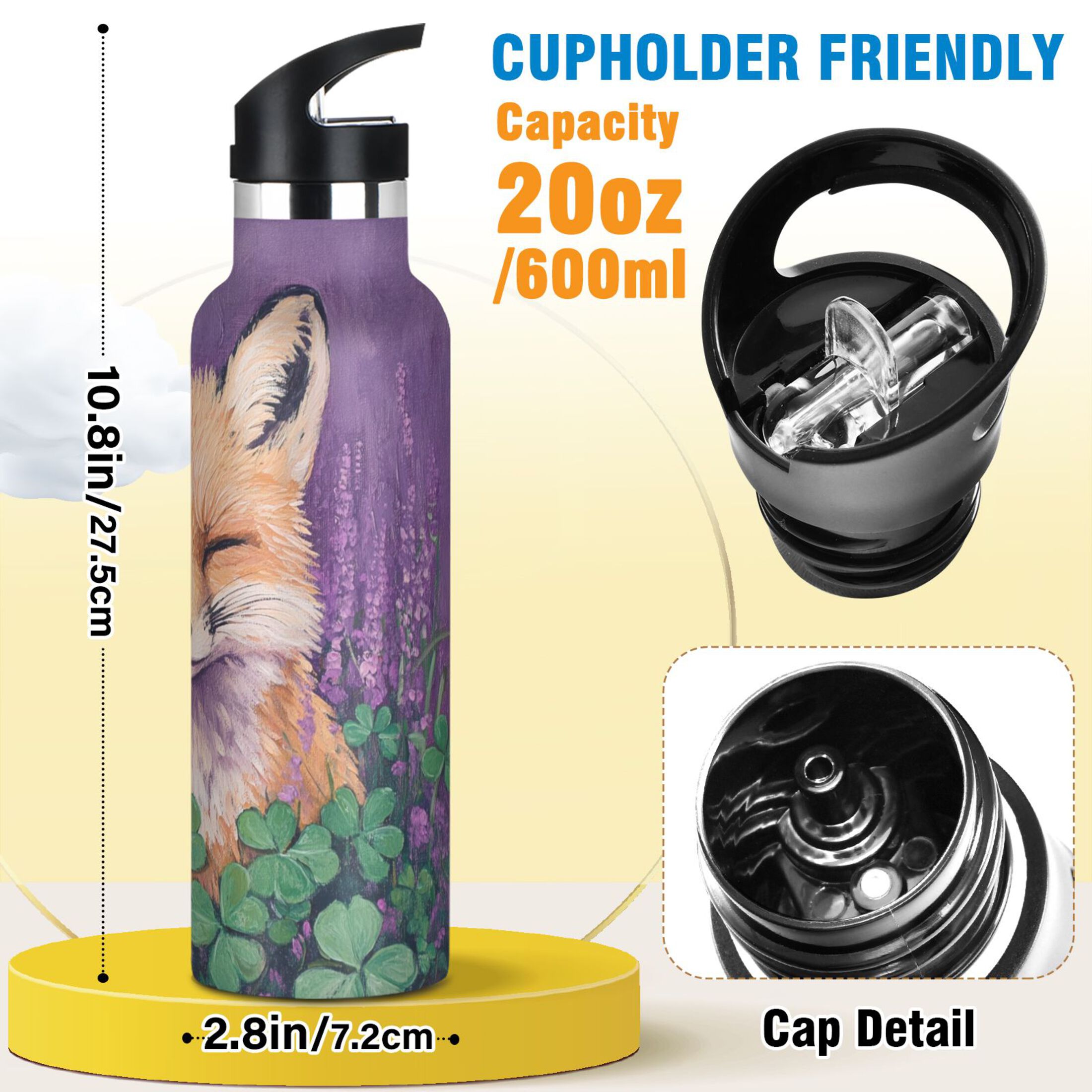 600ML Stainless Steel Insulated Cup Sports Water Bottle Portable Thermos Cup Water Glasses Insulated Tumblers Convenient and Durable Cute Sleeping Fox