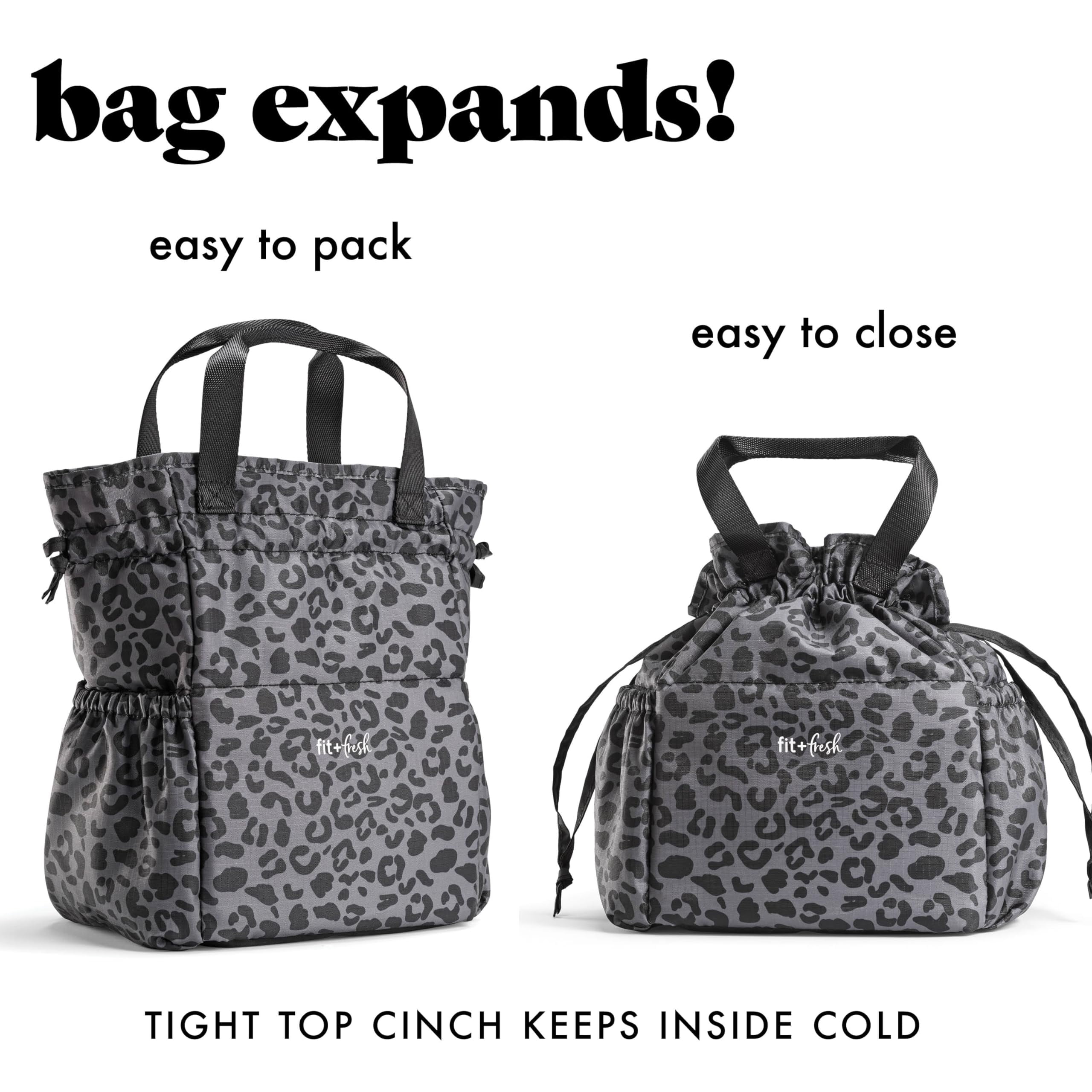 Fit + Fresh Cromwell Leak Proof Insulated Drawstring Lunch Bag with 2 Containers, Black Leopard