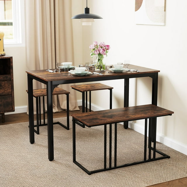 Gymax Ensemble de Salle à Manger 4 Pcs Ensemble de Table de Cuisine Industriel avec Banc et 2 Tabourets