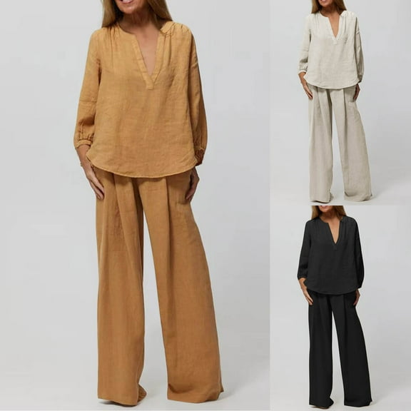 Womens Fashion New Solid Color V-Neck Shirt Long Sleeve Top Straight Leg Casual Solid Color Pants Set Sleek Casual Wear