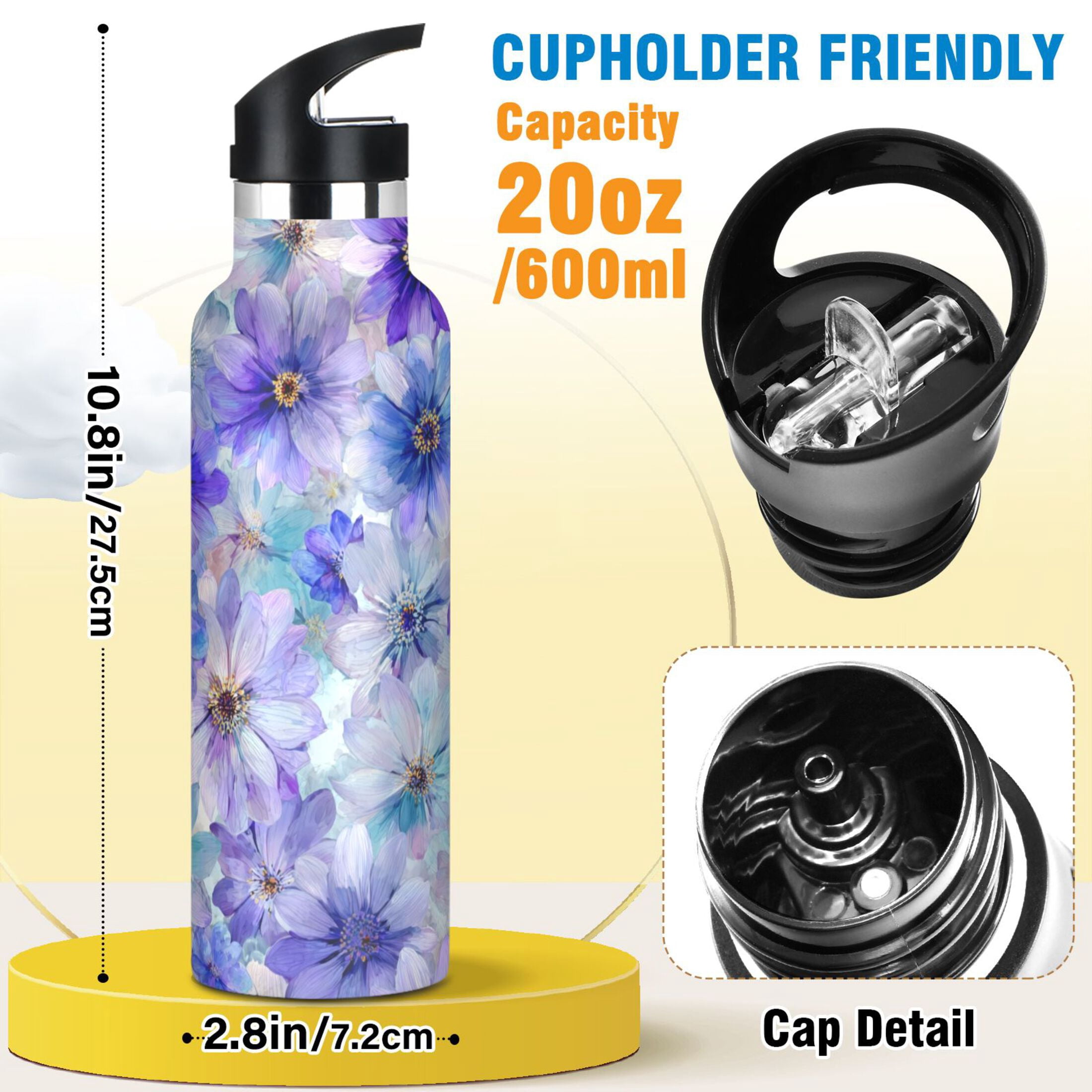 Kids Insulated Stainless Steel Sports Water Bottle 600ml Watercolor Blue-purple Flowers