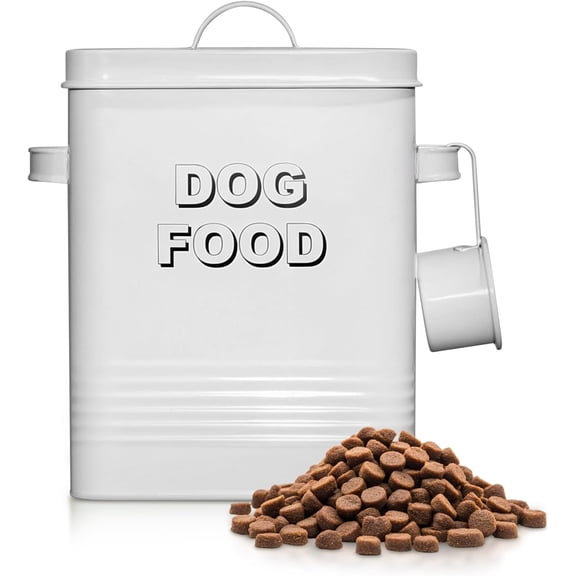 5 lb Square White Metal Pet Food Storage Container with Handles and Scoop