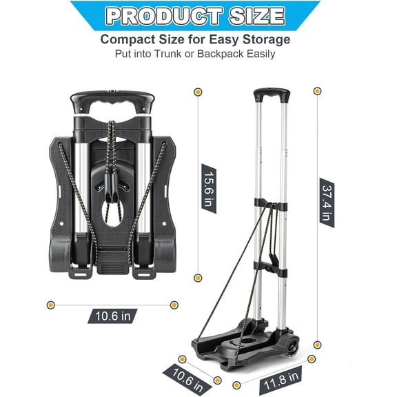 Lightweight Folding Hand Truck Dolly with 2 Wheels, Portable Luggage Cart for Airport Travel and Moving