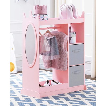 SalonMore Kids Dress up Storage with Mirror and Storage Bin,Kids Armoire Dresser with 2 drawers, Costume Closet for Kids, Pretend Storage Closet for Child,Costume Storage Dresser Pink