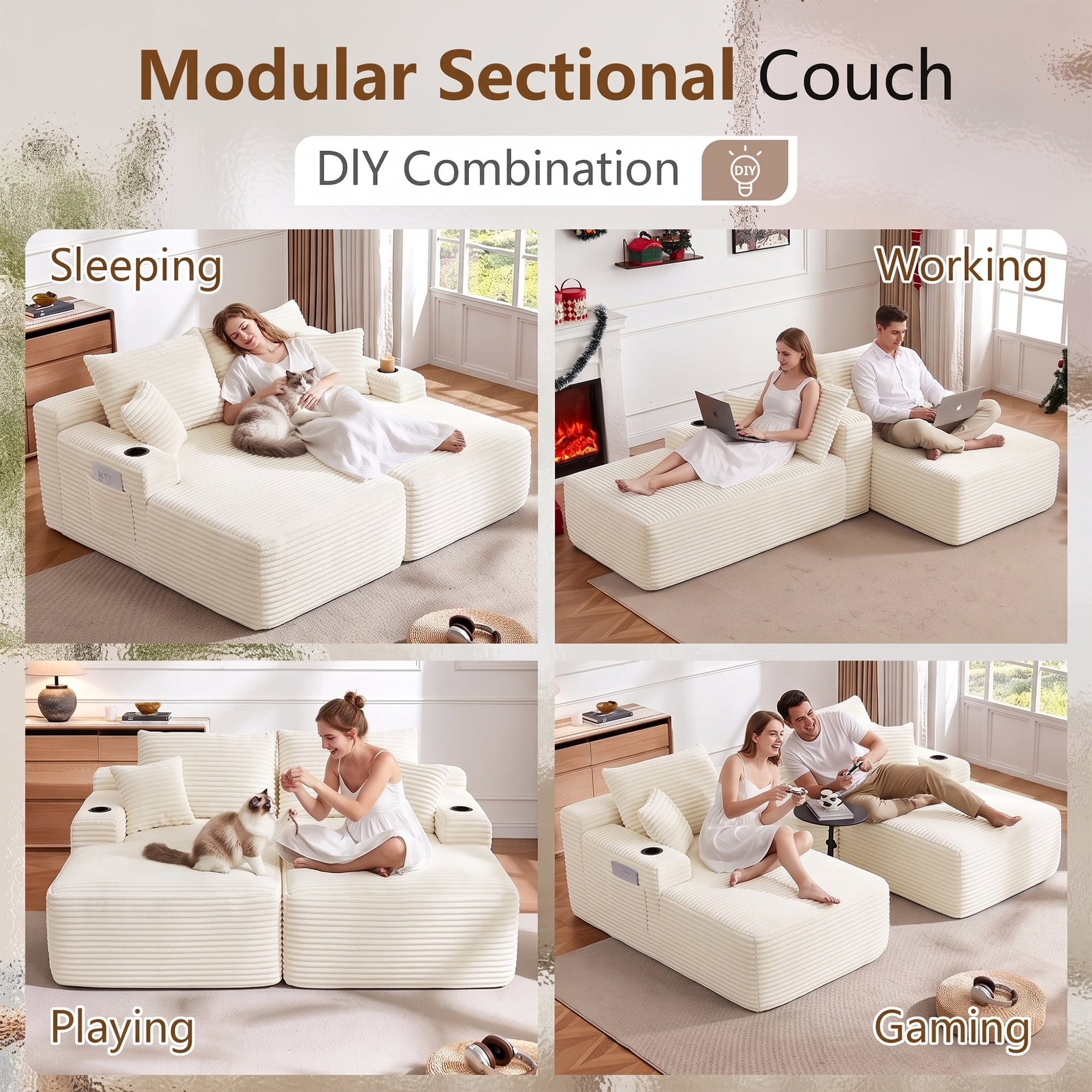 Aukfa 69" Oversized Double Chaise Lounge Boneless Couch Modular Loveseat Sleeper Sofa Bed for Living Room, 2 Cup Holders, Corduroy, Beige