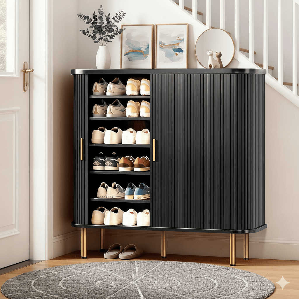 TiramisuBest Shoe Storage Cabinet with Sliding Door, 47" Mid-Century Modern Shoe Rack for Entryway, 6-Tier Shoes Organizer with Adjustable Shelves for Hallway & Living Room (Black)