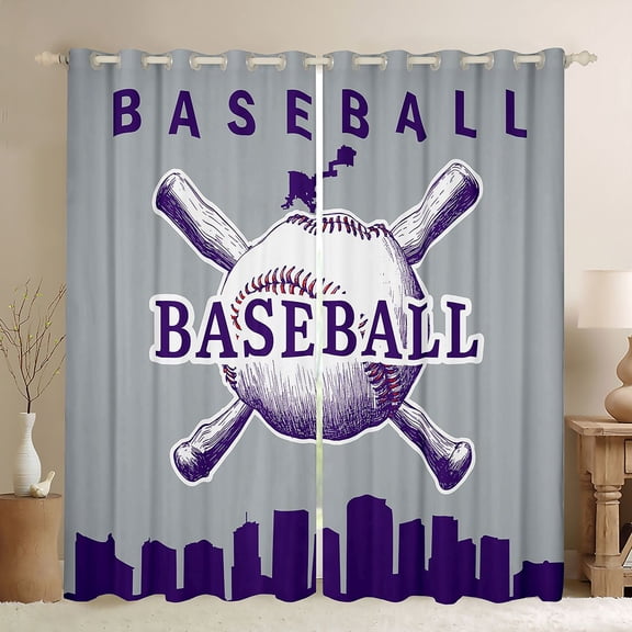 Homewish Ball Sports Player Black Out Curtains, Grey Purple Cartoon Baseball Curtains Pack of 2 (42x63 Each), Teens Kids Boys Girls Bedroom Curtains, Curtains and Drapes Home Decor