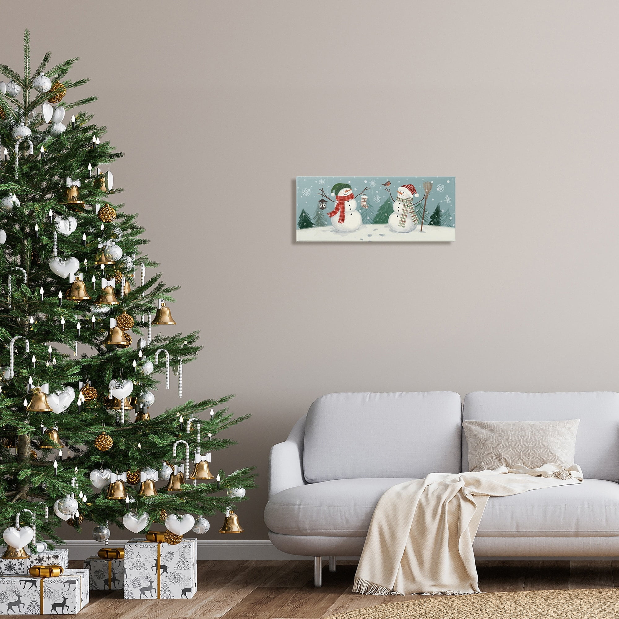Festive Winter Snowmen Celebrating Falling Snowflakes Landscape Painting Gallery-Wrapped Canvas Print Wall Art
