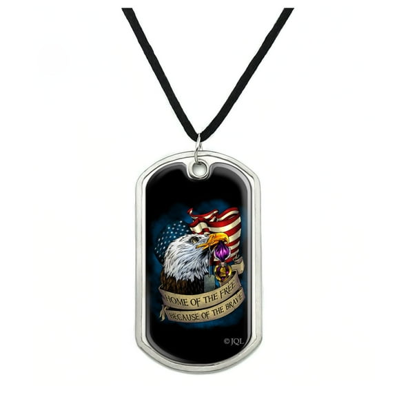 Home of the Free Because of the Brave Purple Heart Eagle American Flag Military Dog Tag Pendant Necklace with Cord