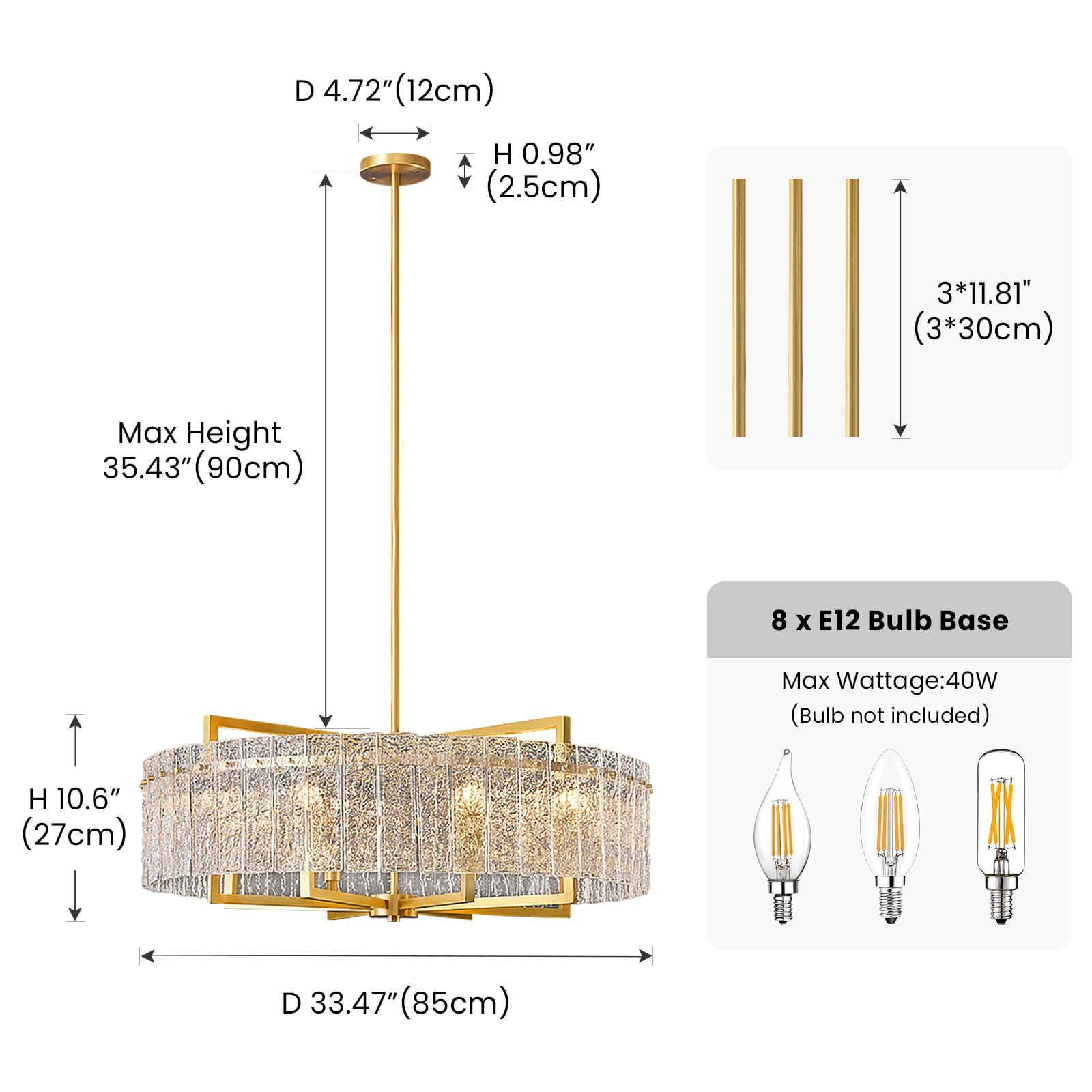 HOOMEDELIER 33.5" Modern Drum Crystal Chandelier Lighting with Glass Shade, 8-Light Gold Luxury Pendant Ceiling Light Fixture for Indoor