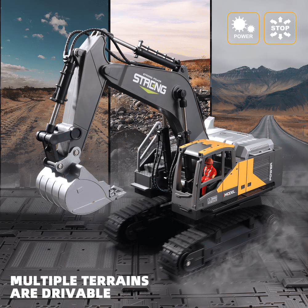 RC Excavator Toy for Boys, 16 Ch, 680 Degree, Simulate Smoke and Lighting, Remote Control Car Toys for Children, Christmas Gifts,2 Batteries