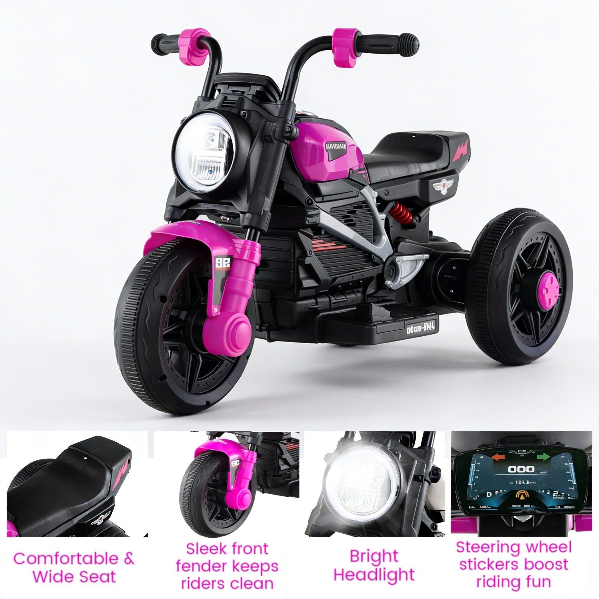 OLAKIDS 6V Kids Motorcycle with Forward & Reverse Switch, Headlight, Horn, Music, Story, USB Port, 3-Wheel Battery Powered Electric Ride on Toys for Toddler Boys Girls