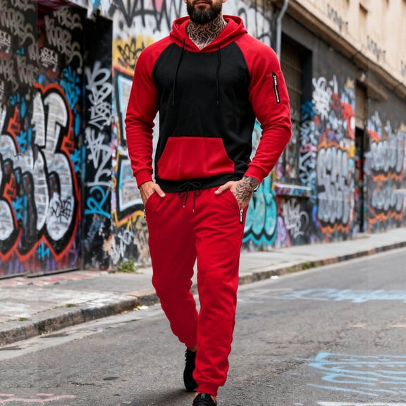 Gamivast Men's Color Block Hoodie Set Contrast Raglan Sweatshirt and Zipper Pocket Pants Casual Athletic Tracksuit for Gym Workout Running Sporty Suit