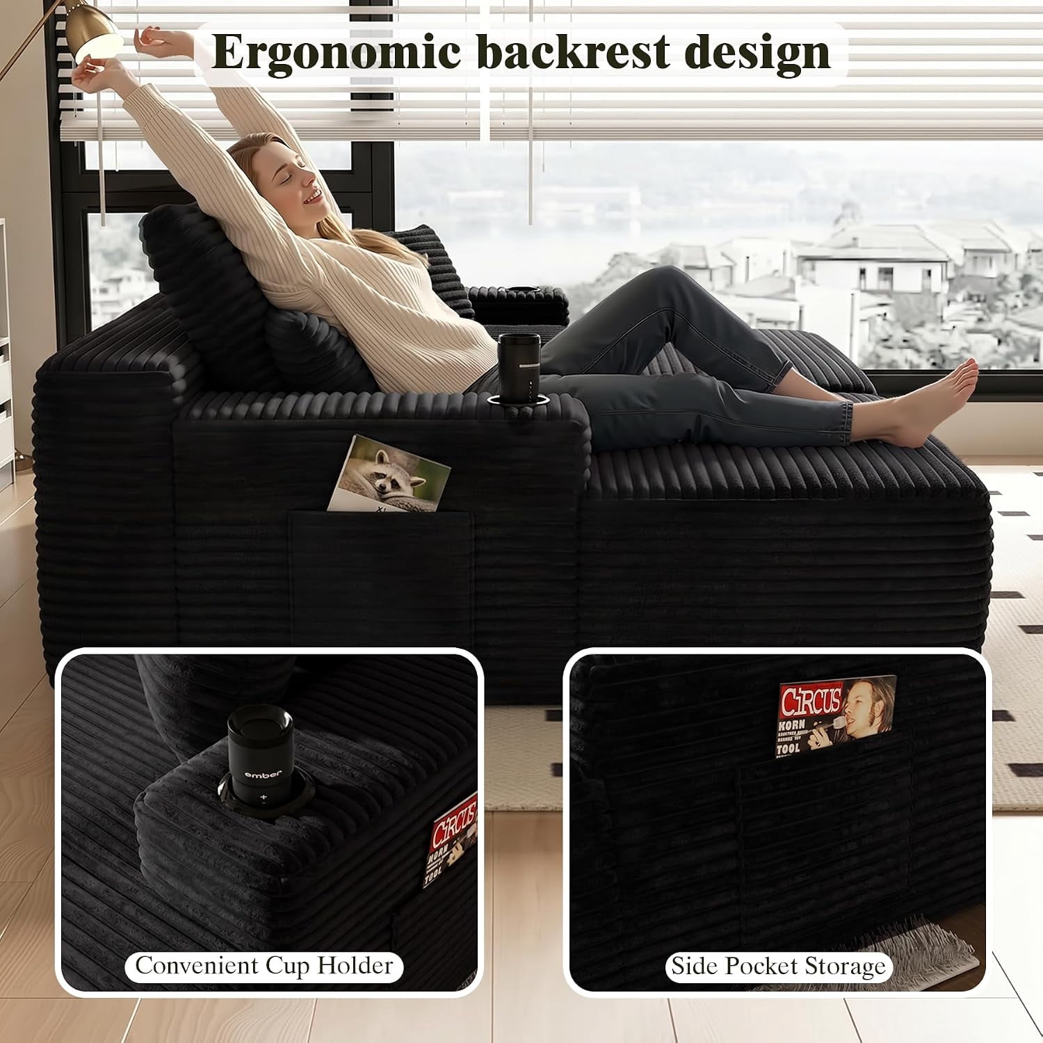 76 Inch Deep Seat 2-Seater Recliner Sofa Bed with Cup Holders, No Assembly Needed, Black