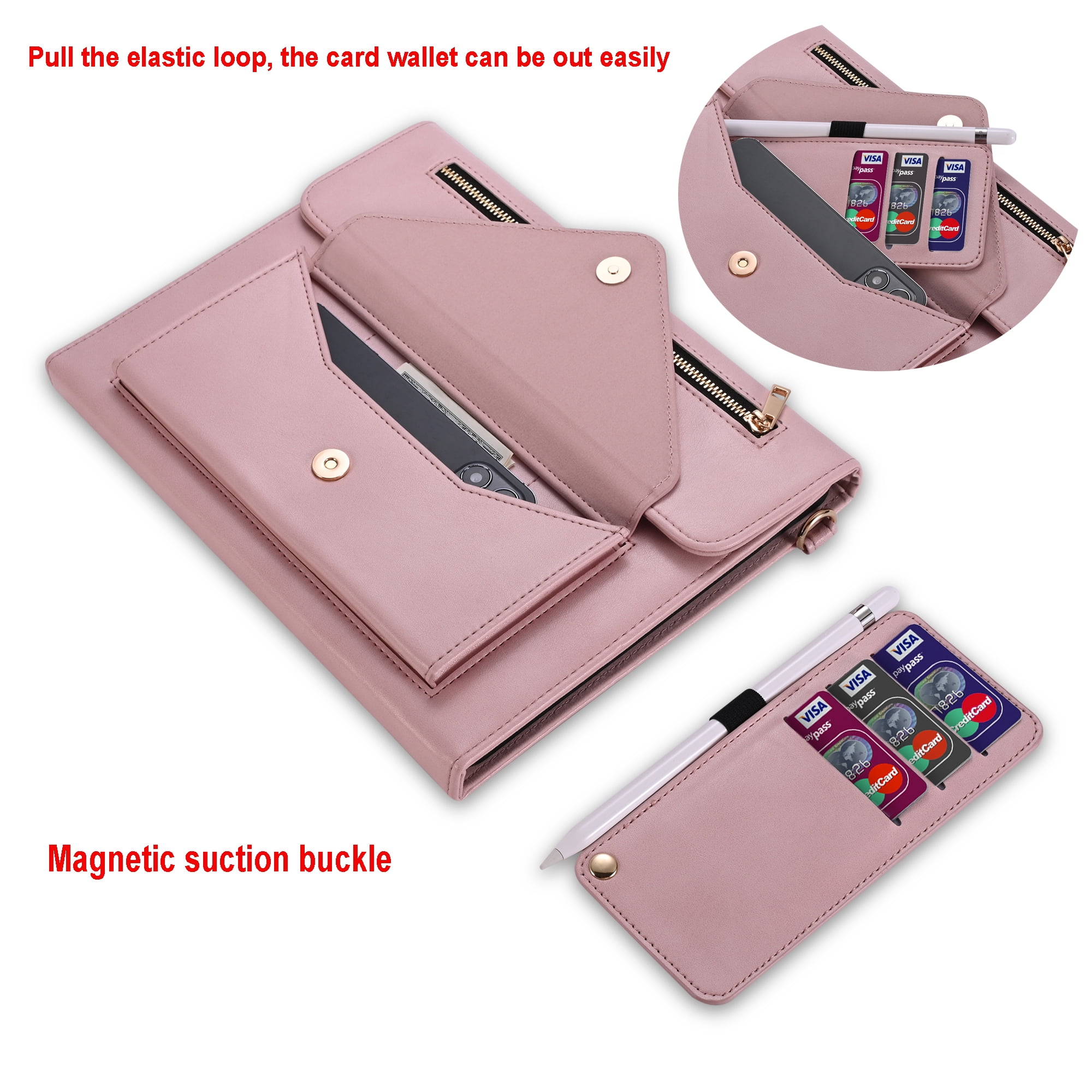 TECH CIRCLE Case for Apple iPad Pro 12.9 inch 6th/5th/4th/3rd Generation,Premium PU Leather Folio Stand Cover with Pencil Holder Zipper Pocket Bag Shoulder Hand Strap Protective Business Case,Pink