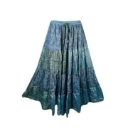 Mogul Womens Indian Maxi Skirt Tiered Blue Printed Full Flare Long Skirts