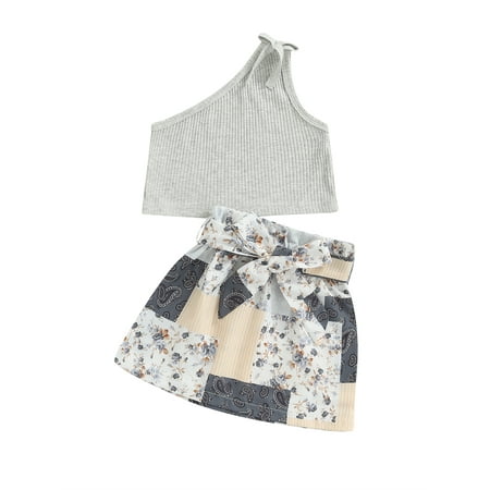 

Canrulo Infant Baby Girls 2pcs Clothes One Shoulder Sleeveless Solid Grey Vest+Floral Patchwork A-Line Skirts Sets Gray 18-24 Months