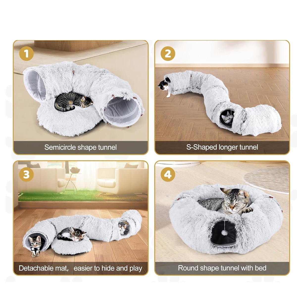 Anself Cat Tunnel with Cat Bed for Indoor Cats, Collapsible Plush Cat Cave Tube with Fluffy Toy Ball, Multifunctional Cat Toys for Small Medium Large Cat, Puppy, Rabbit, Ferret, Gray