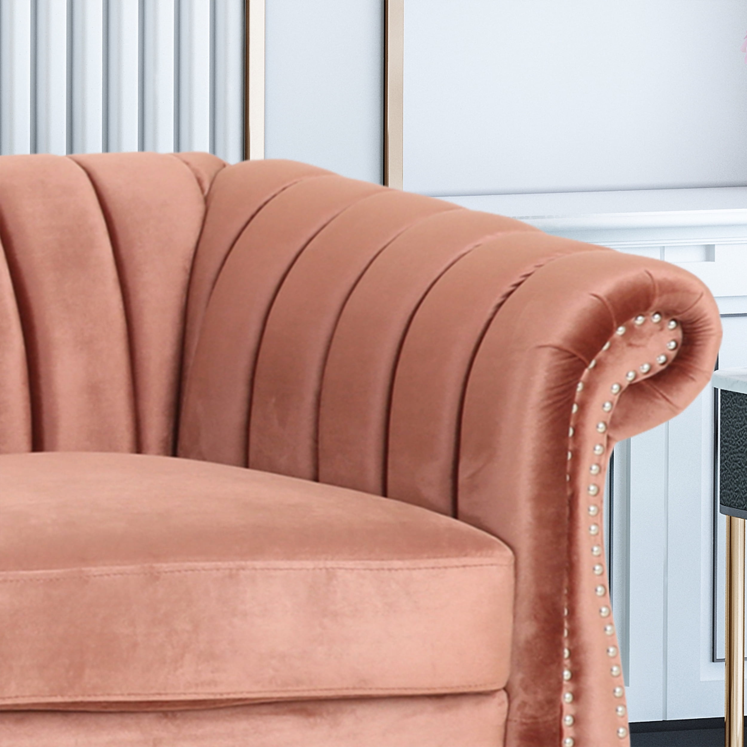 Noble House Kimmy Modern Tufted Velvet Sofa, Blush, Dark Brown
