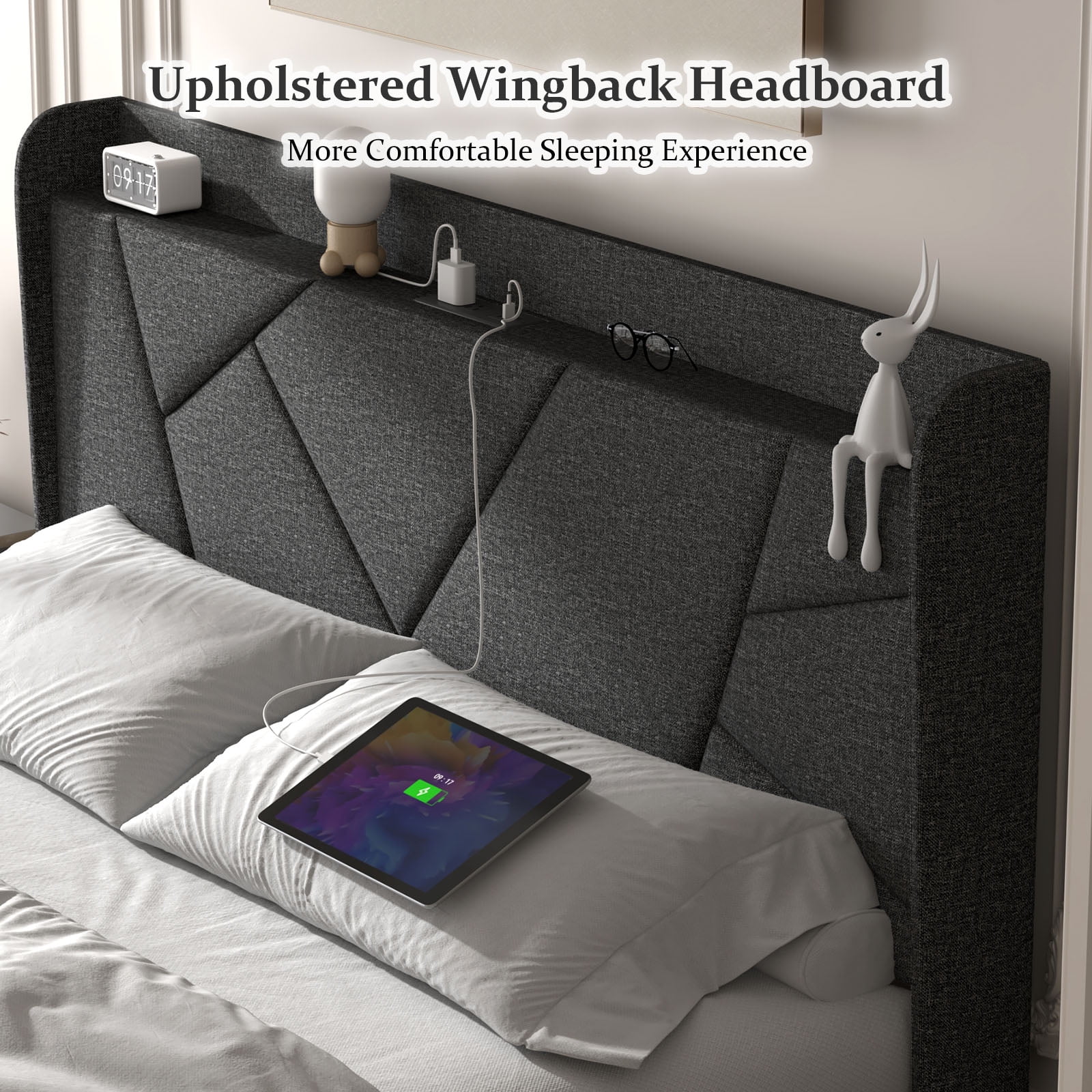 NISIEN Queen Bed Frame with Charging Station, Upholstered Platform Bed with Wingback Storage Headboard, Dark Gray