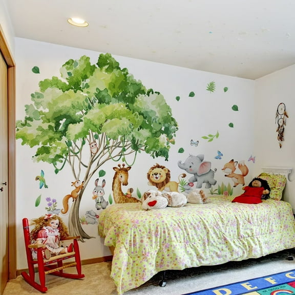 Forest animal decals, big tree stickers, elephant decals, giraffe decals, lion decals, tree wall decals Peel and Stick Wall Art Decals for Girls Bedroom Baby Nursery Kids Bedroom