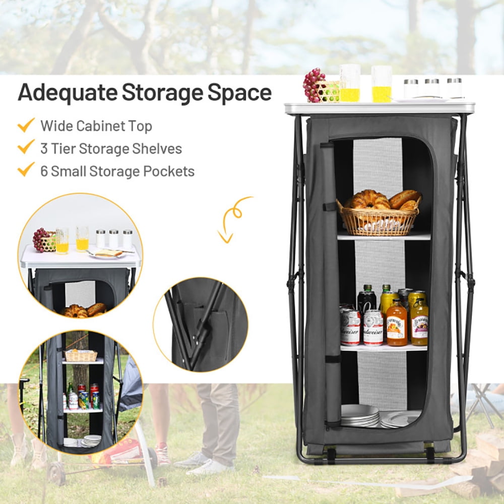 Aimee Lii Folding Camping Storage Cabinet with 3 Shelves and Carry Bag, Easy Set Up Portable Camping Kitchen, Gray-L