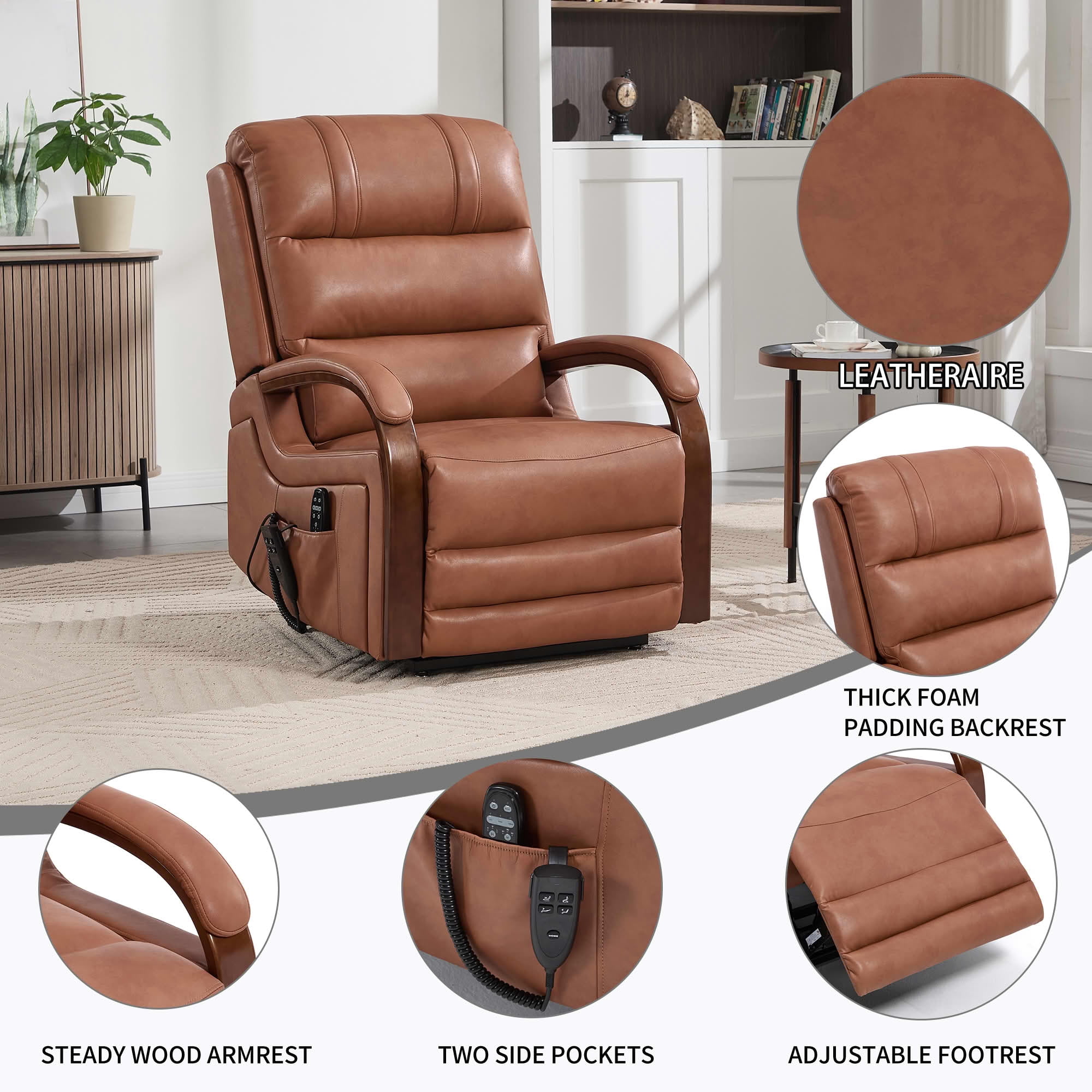 MAYEERTY Orange Leatheraire Dual Motor Power Lift Recliner, 350lbs Solid Wood Armrest Massage Heat 30"x36"x43" for Elderly