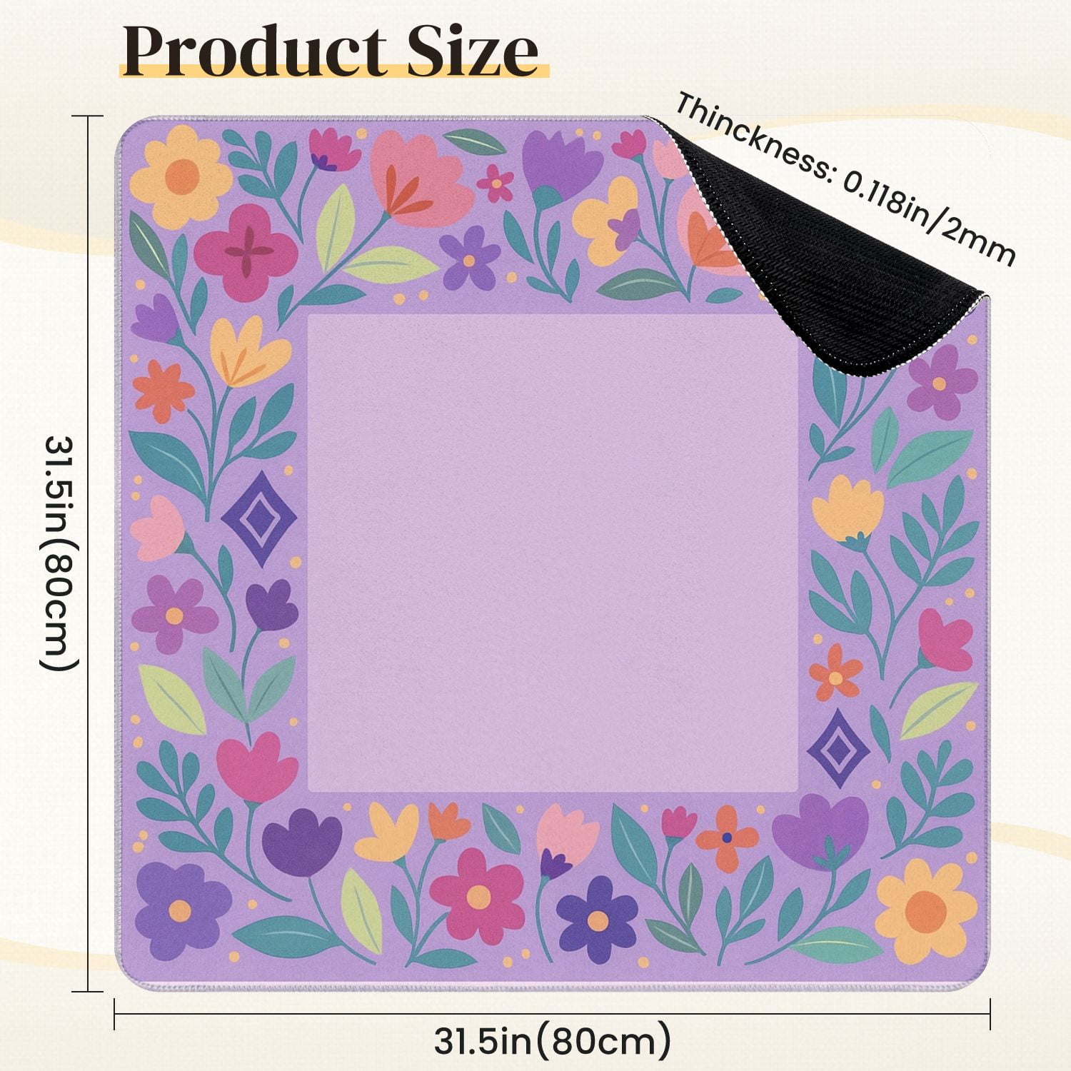 Mahjong Mat 31.5" x 31.5" Colorful Floral Frame Purple Vibrant Flower Anti-Slip and Noise Reduction Symmetry Design Mahjong Tiles Table Cover for Dominoes Poker Card Board and Tile Games