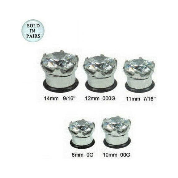 Pair of Surgical Steel Gauges Ear Plug with Clear CZ Jewel