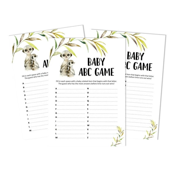 Inkdotpot Baby Shower Game Set Of 50 BabyAlphabetABCGame Meerkat Baby Gender Neutral Party Supplies