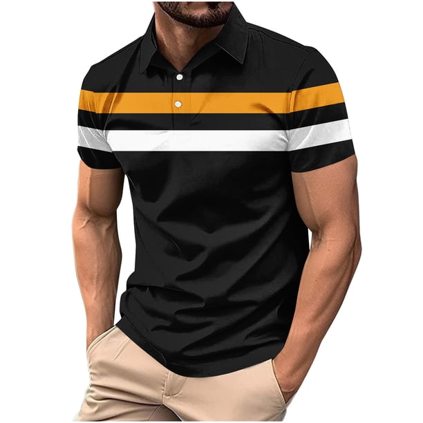 Blusa y camisa de manga corta con cuello vuelto para hombre, informal, de color liso, a rayas, con botones y estampado, blusa para hombre