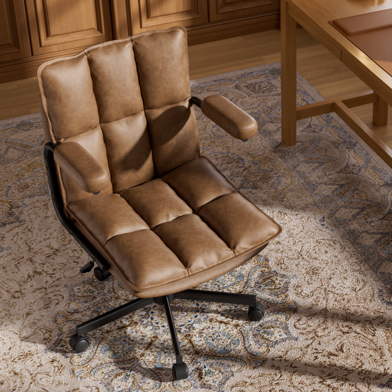 Genpo Brown Office Chair, Mid Century Modern Leather Desk Chairs with Arms, Wheels Thickend Back and Seat, Adjustable Height, Vintage Computer Chair for Home, Office