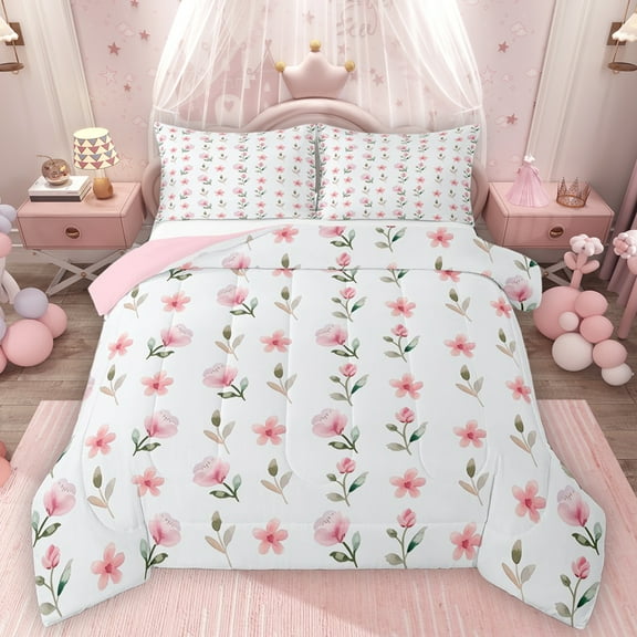 Homewish Pink Daisy Bedding Comforter Set,Cute Cartoon Floral Twin Comforter Sets,Kawaii Flower Bedding Set For Girls Teens,Ultra Soft Home Decor Reversible,2pcs