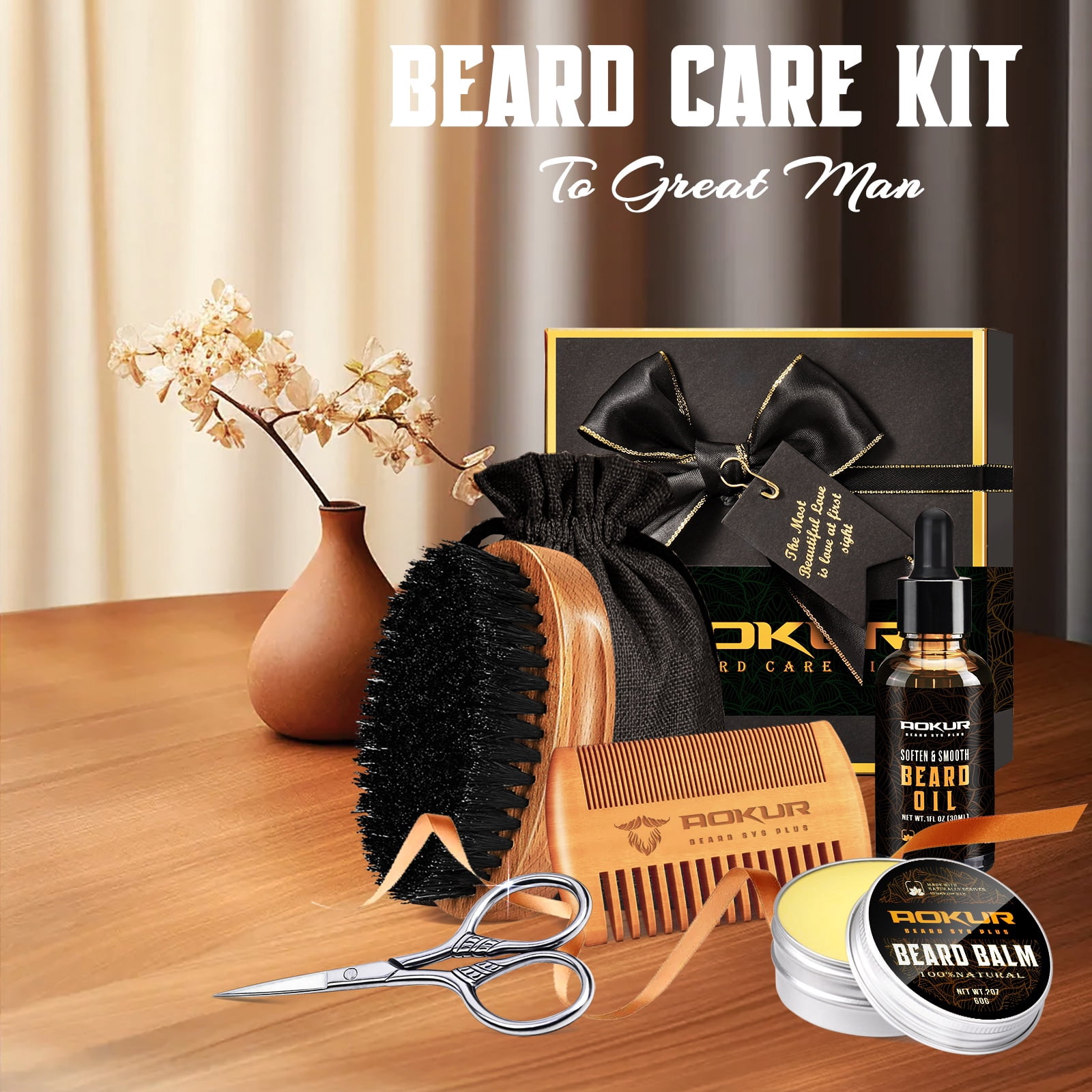 Beard Grooming Kit for Men with Brush, Comb, Oil, Balm & Scissors