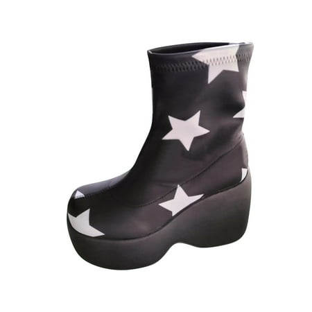 

TUTUnaumb Women s Wedges Mid Calf Boots Size 5.5 Women s Shoes Retro Mid-heel High Knight Elastic Boots Muffin Single Boots Round Toe Thick Bottom Slope Heel Star Pattern Casual Women s Boots-Black