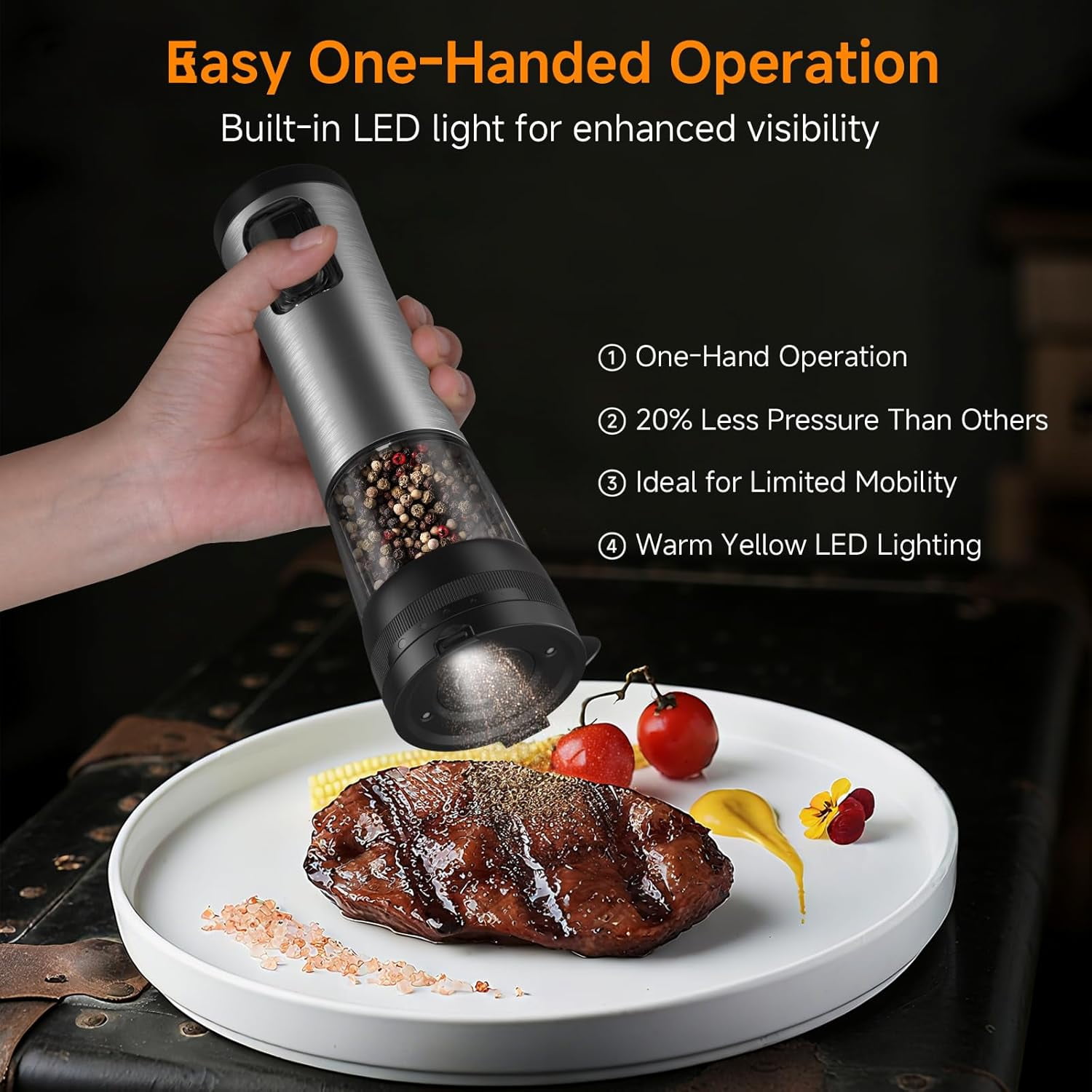 Electric Salt and Pepper Grinder Set with Charging Base, 2 Pack Rechargeable Automatic Spice Mills, 5 Level Settings, LED Light, Large Capacity for Kitchen