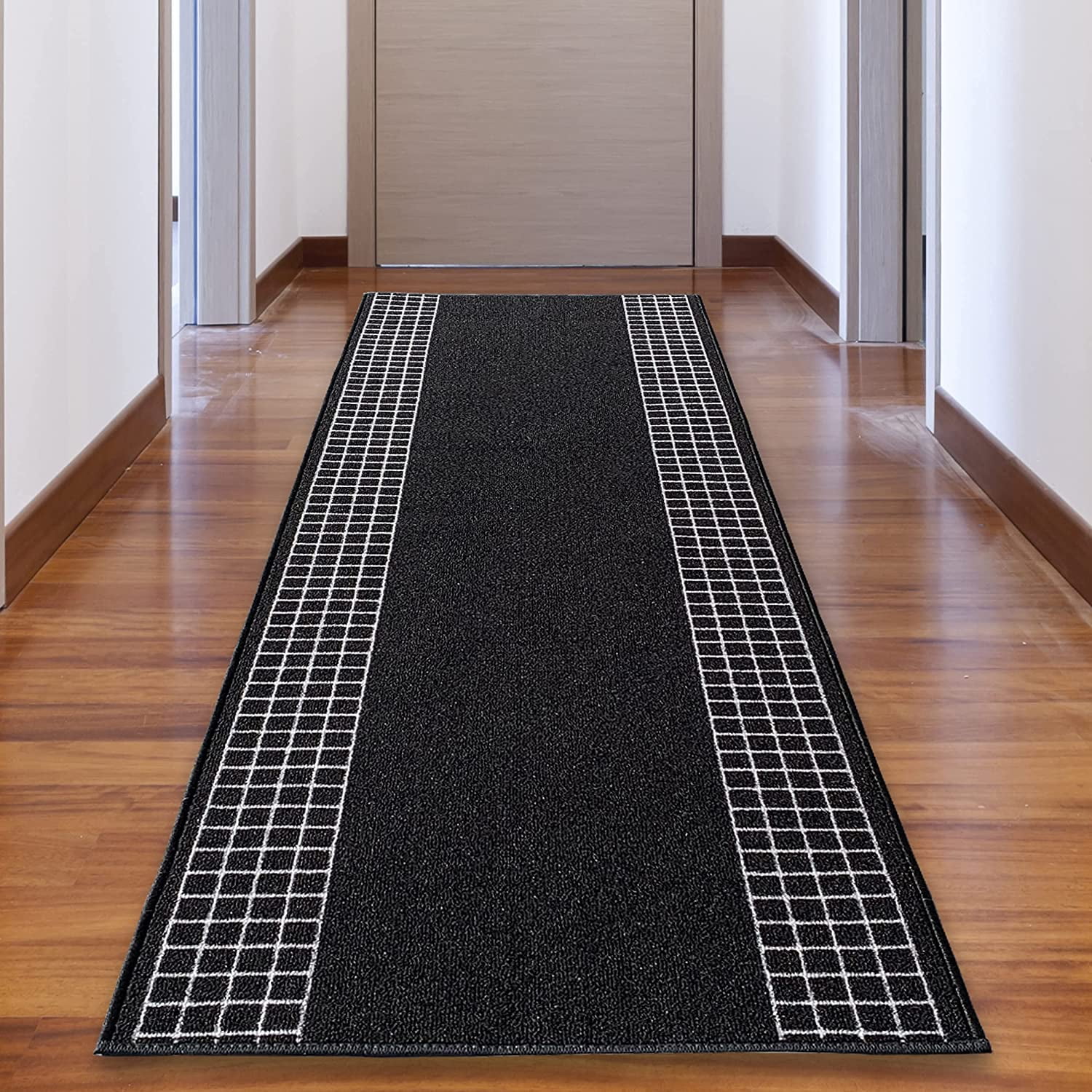 Playa Rug Checkered Border Non-slip Contemporary 26-inch Wide Runner Rug 21 Feet - Black