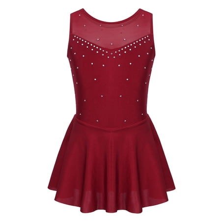 Aiihoo Kids Girls Sleeveless Shiny Rhinestone Ballet Leotard Dress Tulle Lyrical Dance Ice Skating Athletic Dress Burgundy 8
