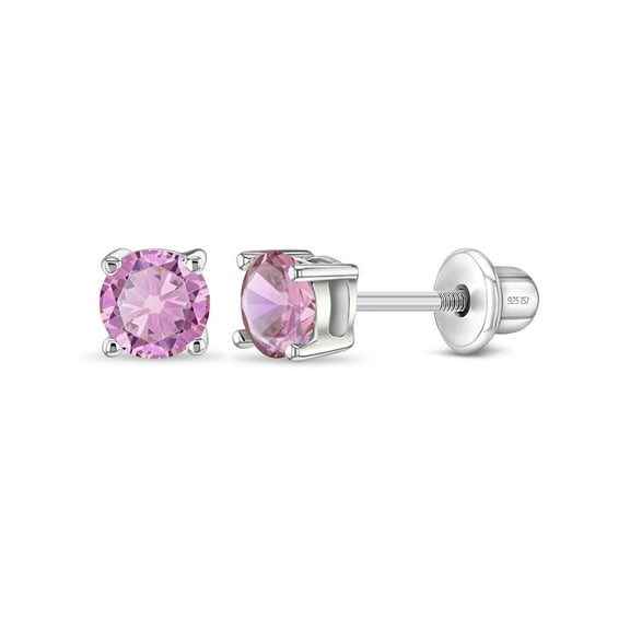 Classic Solitaire Simulated Pink Tourmaline Earring Screw Back - Sterling Silver
