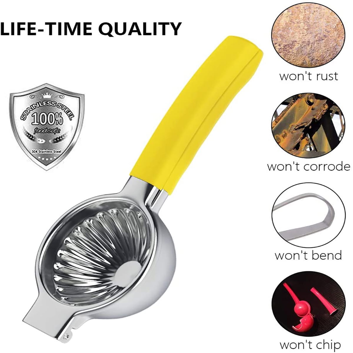 Kepooman 3.54" Handheld Stainless Steel Lemon Squeezer with Non Slip Silicone Handle for Orange Citrus, Yellow Kepooman 3.54" Handheld Stainless Steel Lemon Squeezer with Non Slip Silicone Handle for Orange Citrus, Yellow