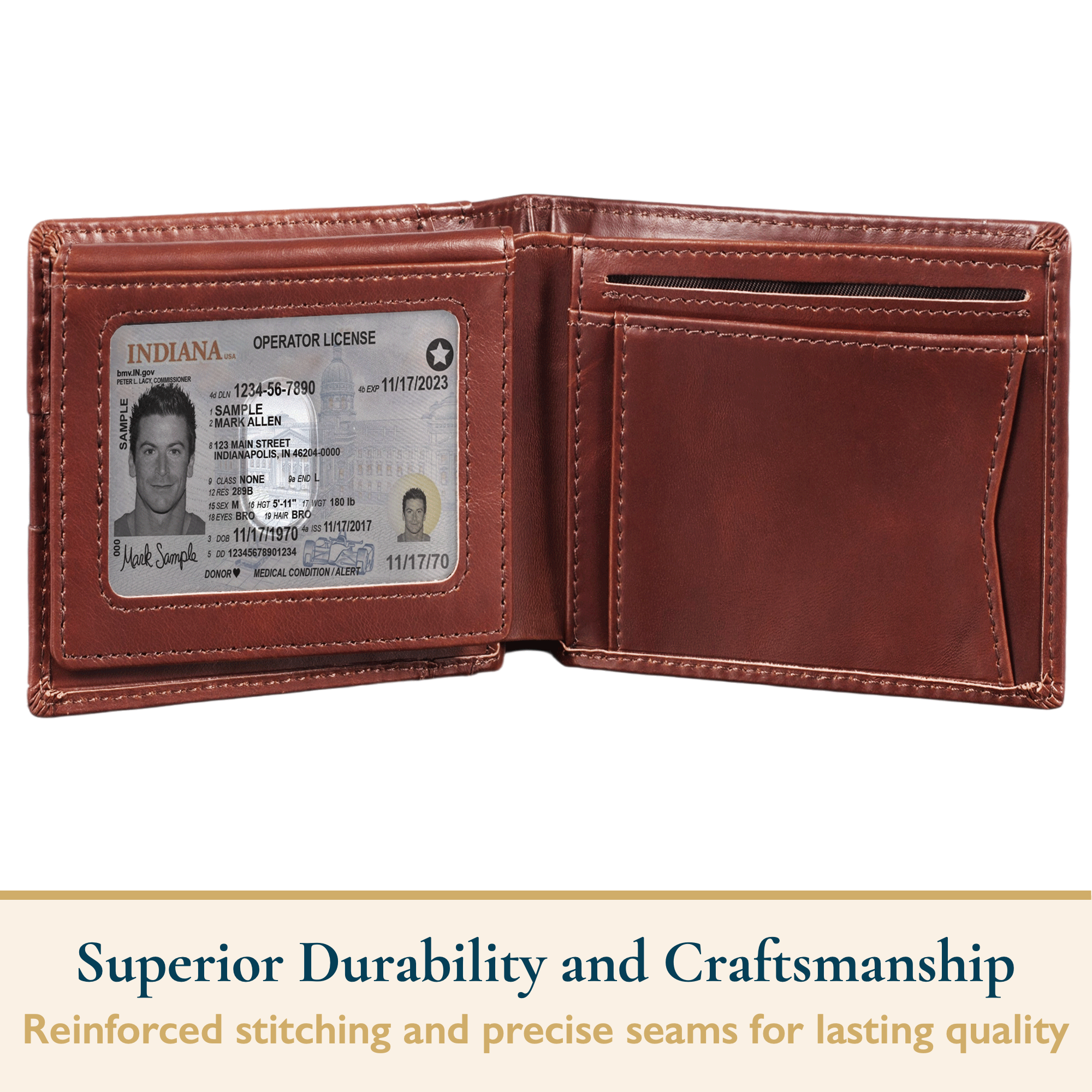 Cartera para hombre, bífida de cuero de primera calidad con bloqueo RFID, para hombre y mujer, 2 ventanas para ID, 11 ranuras para tarjetas, 2 bolsillos para efectivo, caja de regalo, marrón 8